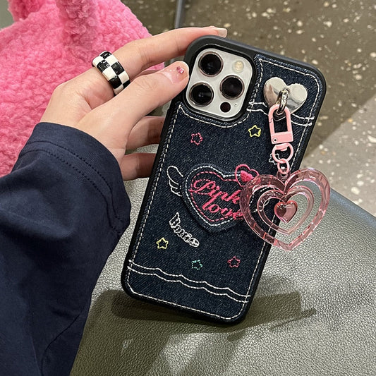 Korean Denim Embroidered Love Heart Phone Case For iphone 13 12 11 Pro XS Max XR X Pink Love Heart Pendant Soft Silicone Cover