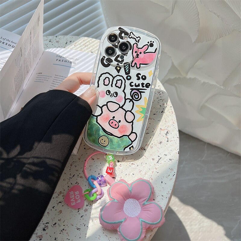 Yickyue Flower Pendant Air Bag Shockproof Phone Case For apple iPhone 14 Plus 11 12 13 Pro Max Soft Cover Cute Cartoon Pig Capa Keychain