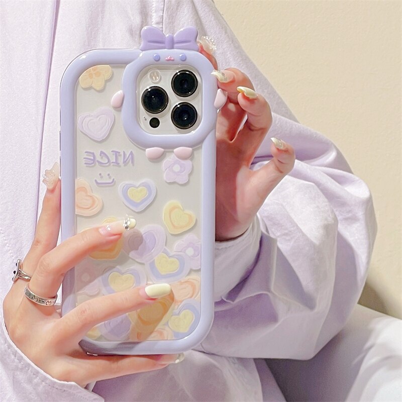 Japan Cute Cartoon Purple Monster Lens Protective Phone Case For iPhone 13 12 11 Pro XS Max X XR INS Love Heart Clear Soft Cover