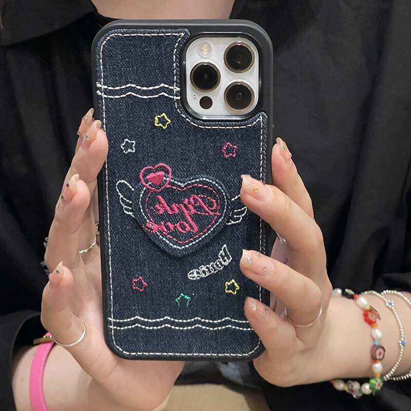 Korean Denim Embroidered Love Heart Phone Case For iphone 13 12 11 Pro XS Max XR X Pink Love Heart Pendant Soft Silicone Cover