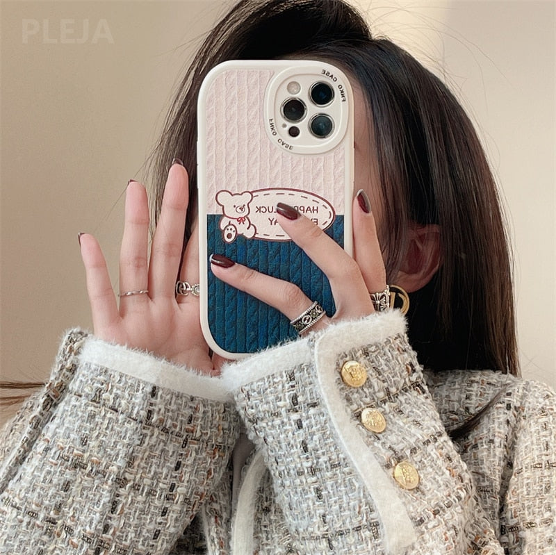 Yickyue Cute Cartoon Leather Sweater Knitting Pattern Phone Case For iPhone 12 13 14 Pro Max X XR XS 11 Pro Max 7 8 plus Silicone Covers
