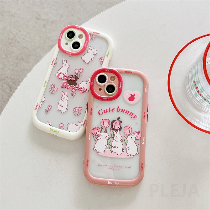 Yickyue Cute Cartoon Rabbit Phone Case For apple iPhone 14 Plus 11 12 13 Pro Max 14pro Soft Clear Cover Girly Pink Puff Shockproof Capa