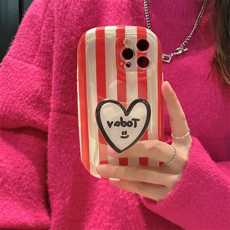 Korea Cute Girl Stripes Love Heart Stand Bracket Phone Case For iPhone 14 13 12 11 Pro XS Max XR Clear IMD Shockproof Soft Cover