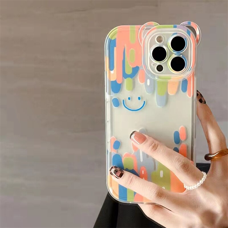 Creative Bear Rabbit Animal Phone Case For iPhone 11 12 13 Pro Max X XS Max XR Flowers Clear Shockproof Lens Protection Cover