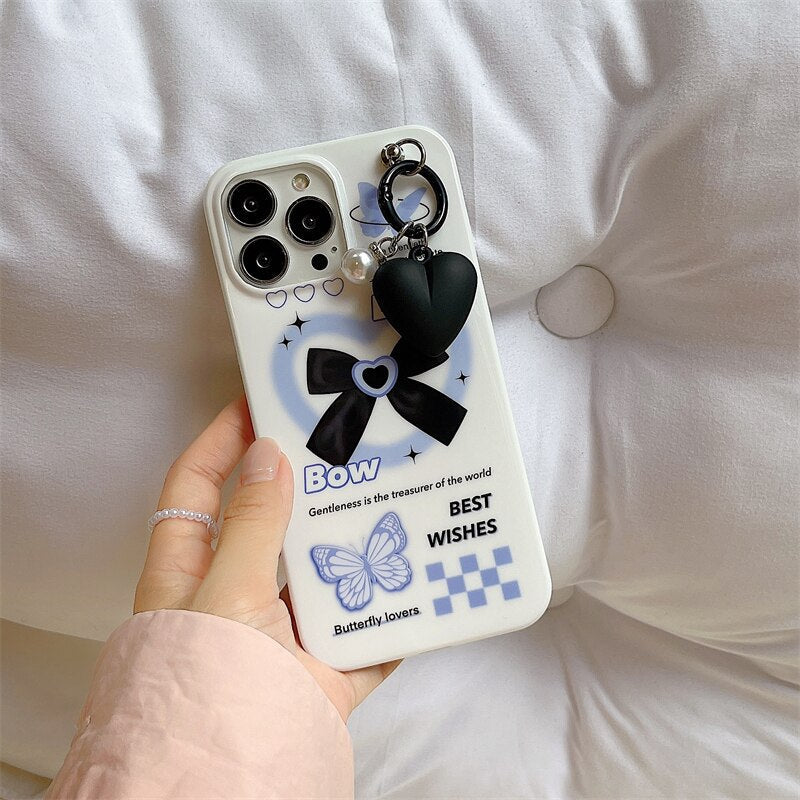 Korean Bow Black Love Heart Pendant Phone Case For iphone 13 11 12 Pro XS Max XR X 7 8 Plus Friend Gift White Glossy Soft Cover