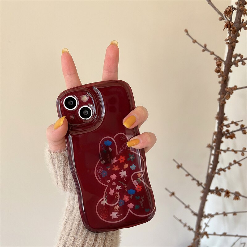 Yickyue Air Bag Shockproof Capa Phone Case For apple iPhone 14 Plus 11 12 13 Pro Max Soft Cover Cute Cartoon Rabbit Flowers Red Shell