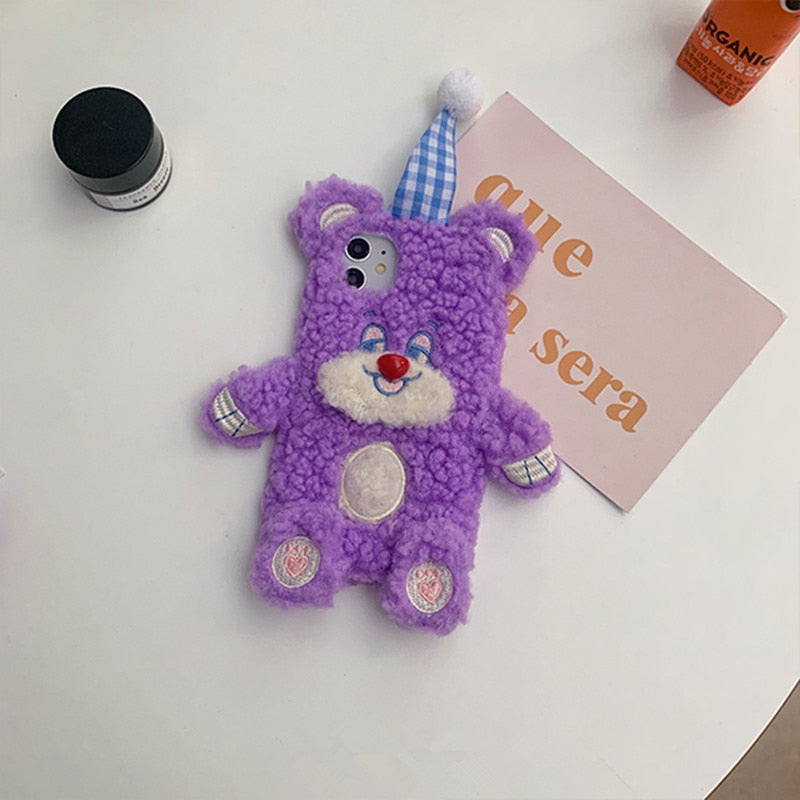 Cartoon 3D Lovely Bear Plush Phone Case For iPhone 12 11 Pro Max XR XS X Soft Cute Shockproof Warm Plush Christmas Cover Gift
