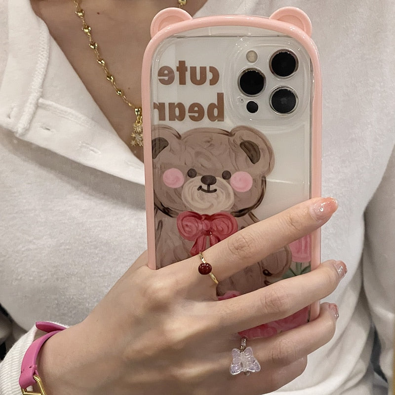 Korean Cute Bear Ear Folding Car Holder Stand Silicone Mobile Phone Case For iPhone 13 11 12 Pro Max XR X XS Max Back Cover Gift