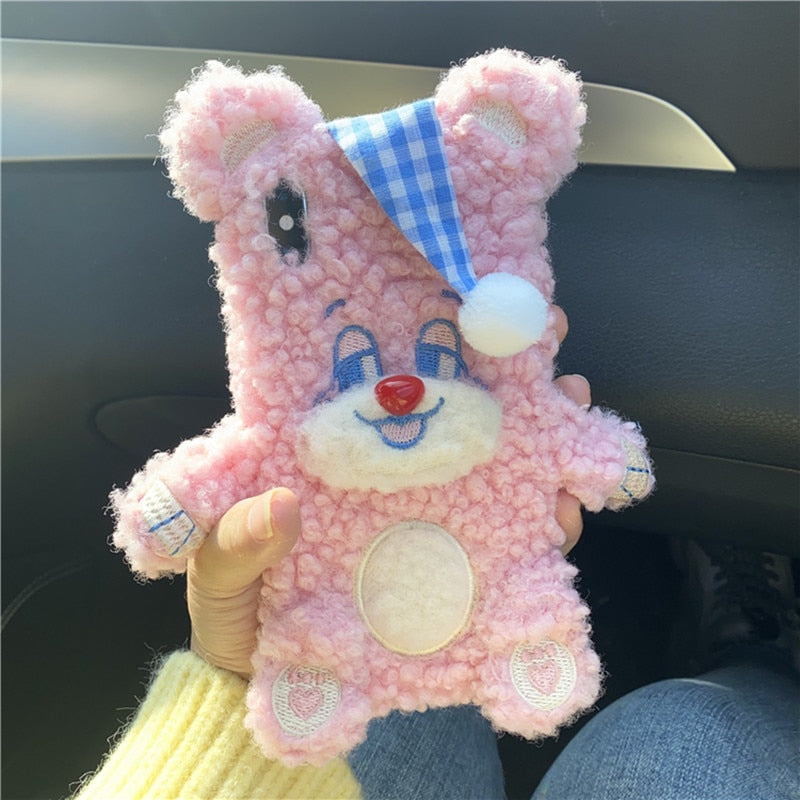 Cartoon 3D Lovely Bear Plush Phone Case For iPhone 12 11 Pro Max XR XS X Soft Cute Shockproof Warm Plush Christmas Cover Gift