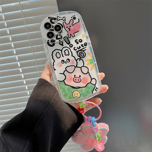 Yickyue Flower Pendant Air Bag Shockproof Phone Case For apple iPhone 14 Plus 11 12 13 Pro Max Soft Cover Cute Cartoon Pig Capa Keychain