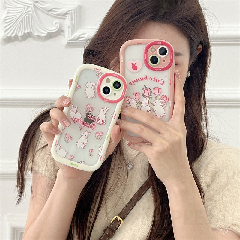 Yickyue Cute Cartoon Rabbit Phone Case For apple iPhone 14 Plus 11 12 13 Pro Max 14pro Soft Clear Cover Girly Pink Puff Shockproof Capa