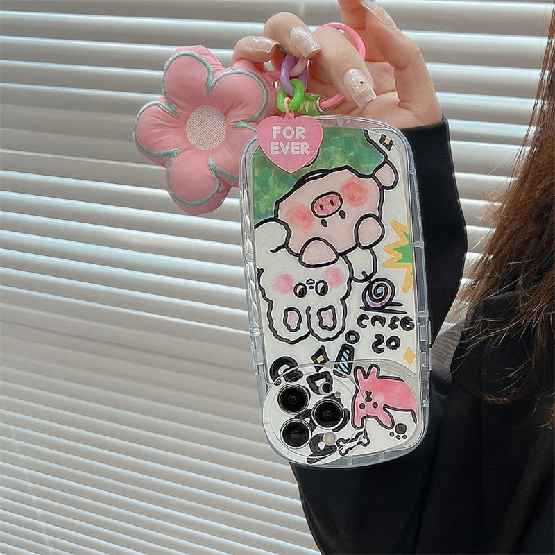Yickyue Flower Pendant Air Bag Shockproof Phone Case For apple iPhone 14 Plus 11 12 13 Pro Max Soft Cover Cute Cartoon Pig Capa Keychain