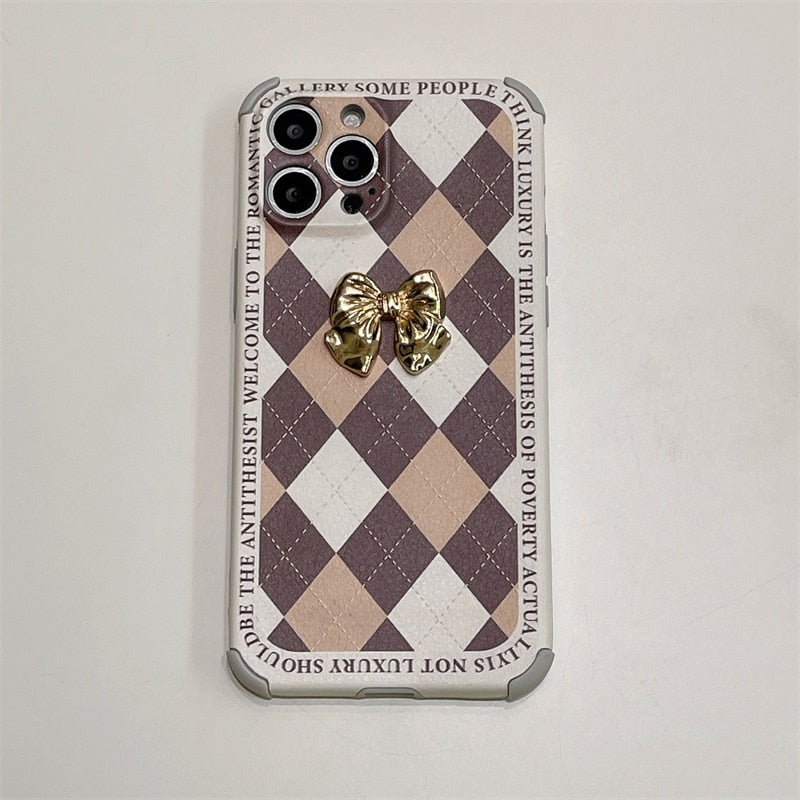 Korean Plating Bow Knot Protective Anti-fall Phone Case For iPhone 13 12 11 Pro Max XS MAX XR X 8 7 Plus Soft Leather Cover Gift