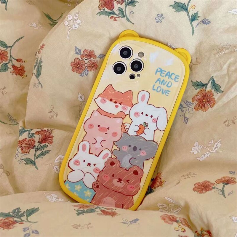 Korean Cute Bear Ear Folding Car Holder Stand Silicone Mobile Phone Case For iPhone 13 11 12 Pro Max XR X XS Max Back Cover Gift