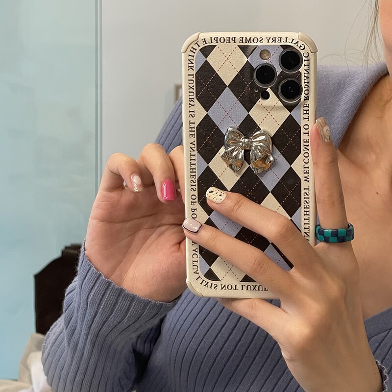 Korean Plating Bow Knot Protective Anti-fall Phone Case For iPhone 13 12 11 Pro Max XS MAX XR X 8 7 Plus Soft Leather Cover Gift