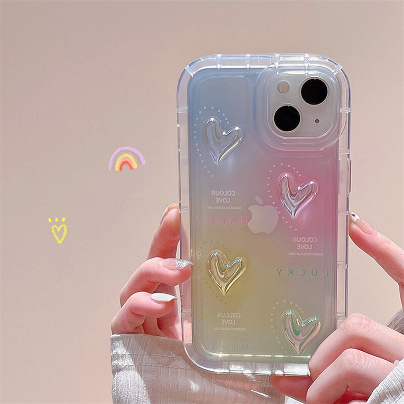 Rainbow Gradient Color 3D Love Heart Transparent Phone Case For iphone 12 11 13 Pro Max Cute Bumper Shockproof Soft Back Cover