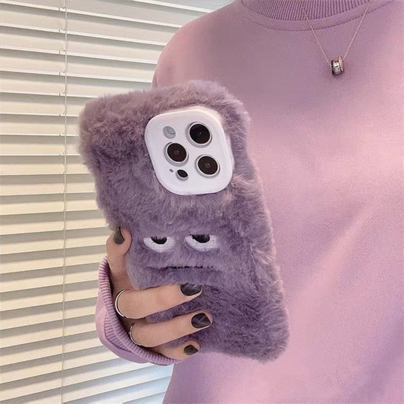 Korean Cute Funny Fur Fluffy Phone Case For iphone 13 12 11 Pro MAX Mini X XS XR 7 8 Plus SE  Girl Cover Soft Plush Coque