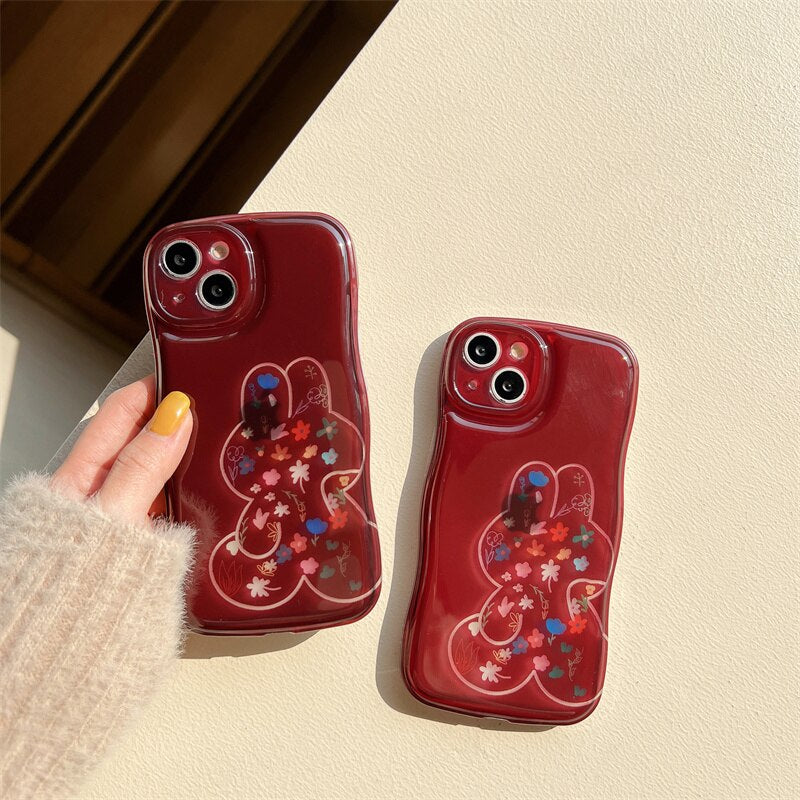 Yickyue Air Bag Shockproof Capa Phone Case For apple iPhone 14 Plus 11 12 13 Pro Max Soft Cover Cute Cartoon Rabbit Flowers Red Shell