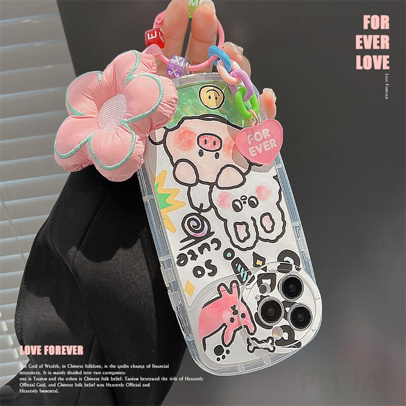 Yickyue Flower Pendant Air Bag Shockproof Phone Case For apple iPhone 14 Plus 11 12 13 Pro Max Soft Cover Cute Cartoon Pig Capa Keychain