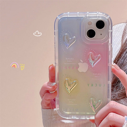 Rainbow Gradient Color 3D Love Heart Transparent Phone Case For iphone 12 11 13 Pro Max Cute Bumper Shockproof Soft Back Cover