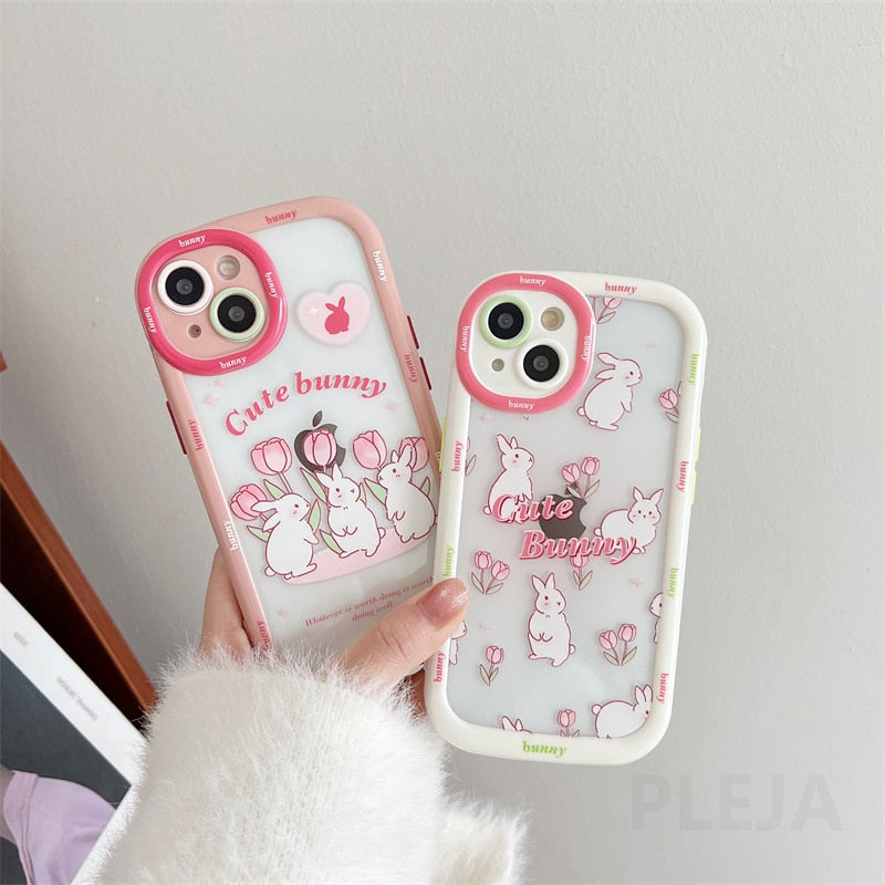 Yickyue Cute Cartoon Rabbit Phone Case For apple iPhone 14 Plus 11 12 13 Pro Max 14pro Soft Clear Cover Girly Pink Puff Shockproof Capa