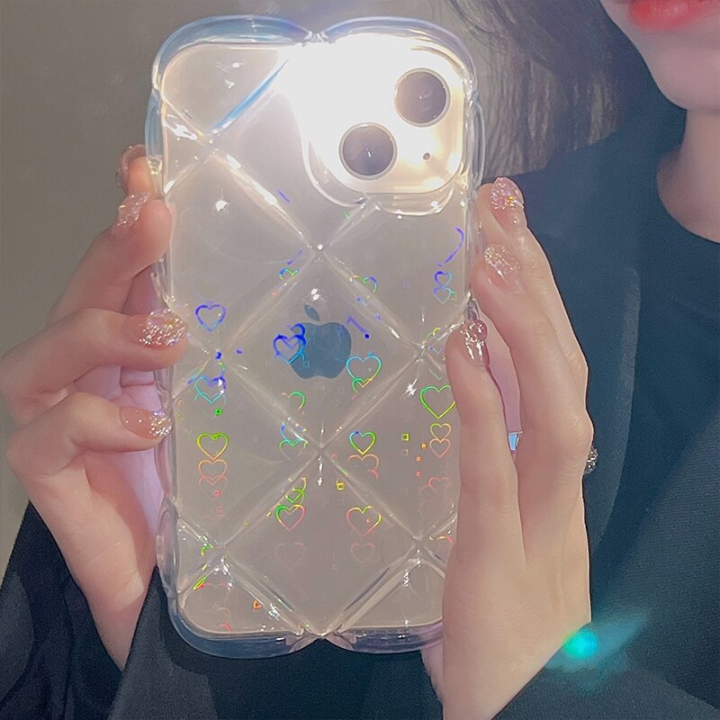 INS Fashion Gradient Laser Love Heart Pattern Clear Phone Case For iPhone 11 13 12 Pro Max Lattice Diamand Shockproof Back Cover