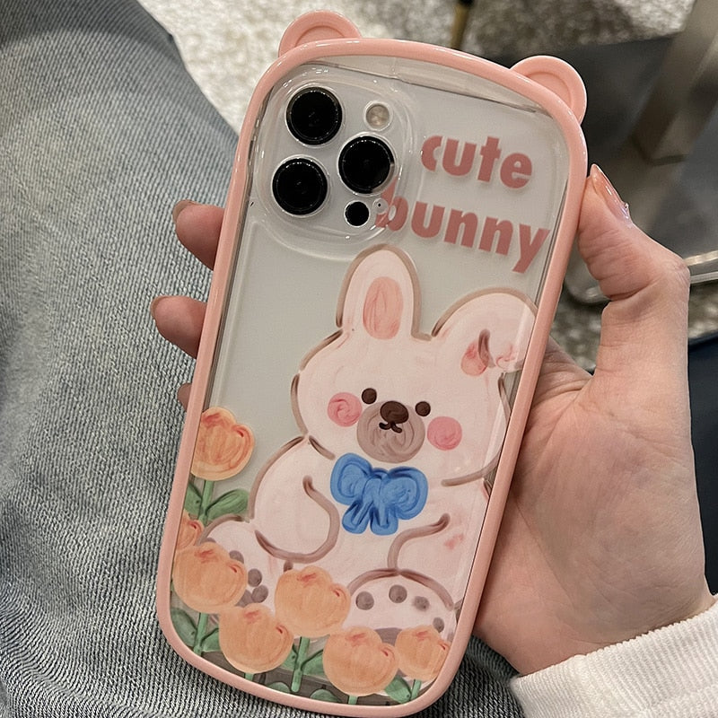 Korean Cute Bear Ear Folding Car Holder Stand Silicone Mobile Phone Case For iPhone 13 11 12 Pro Max XR X XS Max Back Cover Gift