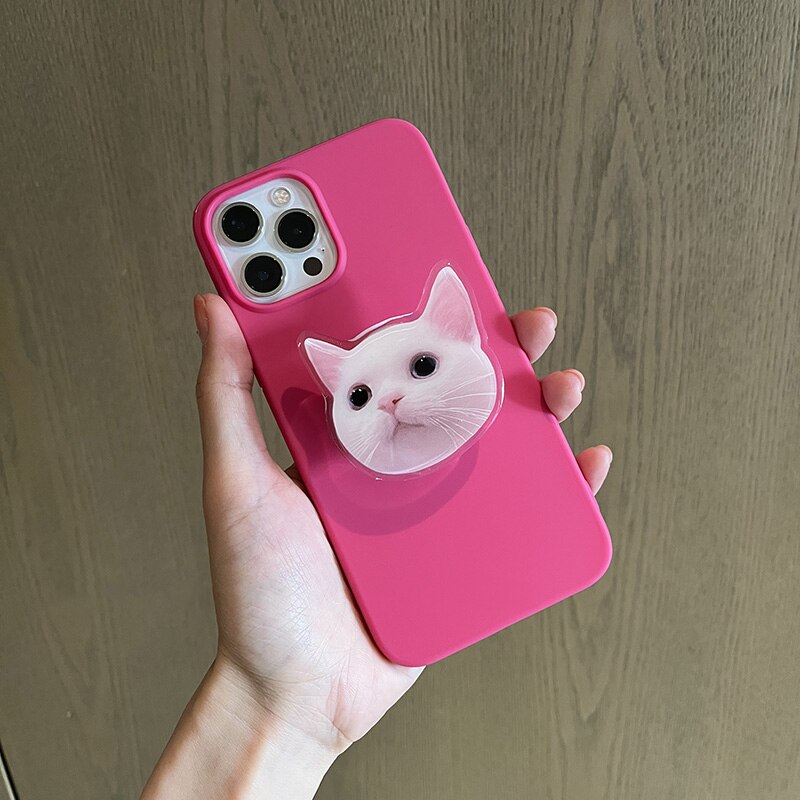 Lovely 3D Cat Holder Stand Soft Matte Phone Case For iPhone 13 11 12 Pro Max MiNi XR X XS Max 7 8 Plus SE 2020 3 Pink Back Cover