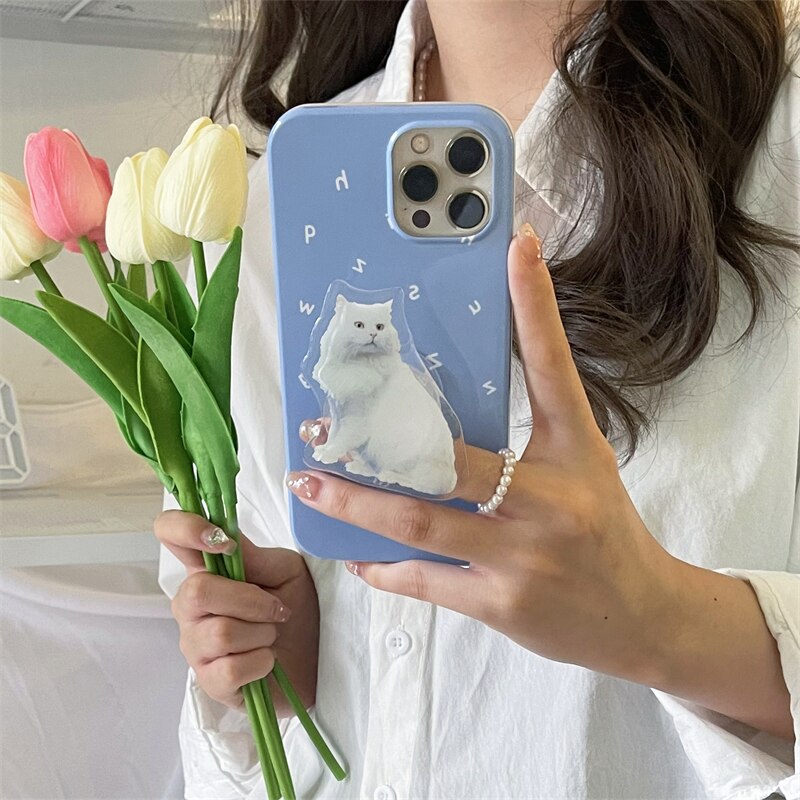 Korea Cute Letters Cat Bracket Phone Case For iPhone 13 12 11 Pro XS Max X XR Animal Holder Protective Soft Glossy Back Cover