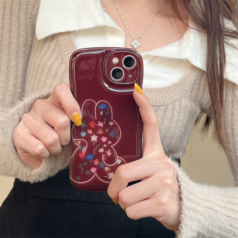 Yickyue Air Bag Shockproof Capa Phone Case For apple iPhone 14 Plus 11 12 13 Pro Max Soft Cover Cute Cartoon Rabbit Flowers Red Shell