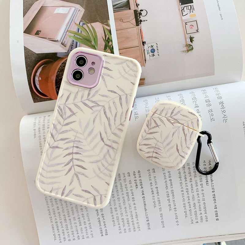 Yickyue INS leaf vein painted phone Case For iphone 11 12Pro Max X XR 7 8Plus for airpods Pro 2 1 Earphone case Protective cover