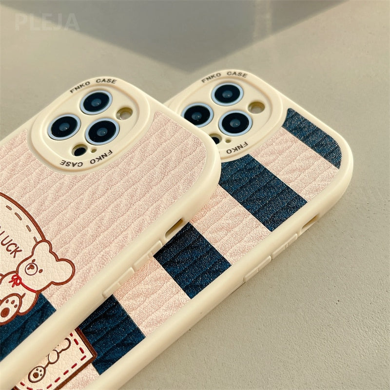 Yickyue Cute Cartoon Leather Sweater Knitting Pattern Phone Case For iPhone 12 13 14 Pro Max X XR XS 11 Pro Max 7 8 plus Silicone Covers