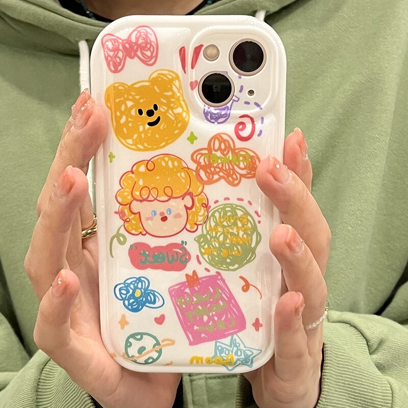 INS Korea Color Graffiti Tide Cute Phone Case For iphone 11 13 12 Pro Max Cartoon Lovely Anti-drop Soft Cover Couple Friend Gift