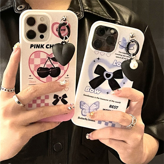 Korean Bow Black Love Heart Pendant Phone Case For iphone 13 11 12 Pro XS Max XR X 7 8 Plus Friend Gift White Glossy Soft Cover