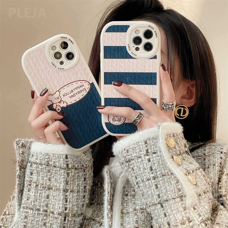 Yickyue Cute Cartoon Leather Sweater Knitting Pattern Phone Case For iPhone 12 13 14 Pro Max X XR XS 11 Pro Max 7 8 plus Silicone Covers