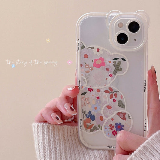 Creative Bear Rabbit Animal Phone Case For iPhone 11 12 13 Pro Max X XS Max XR Flowers Clear Shockproof Lens Protection Cover